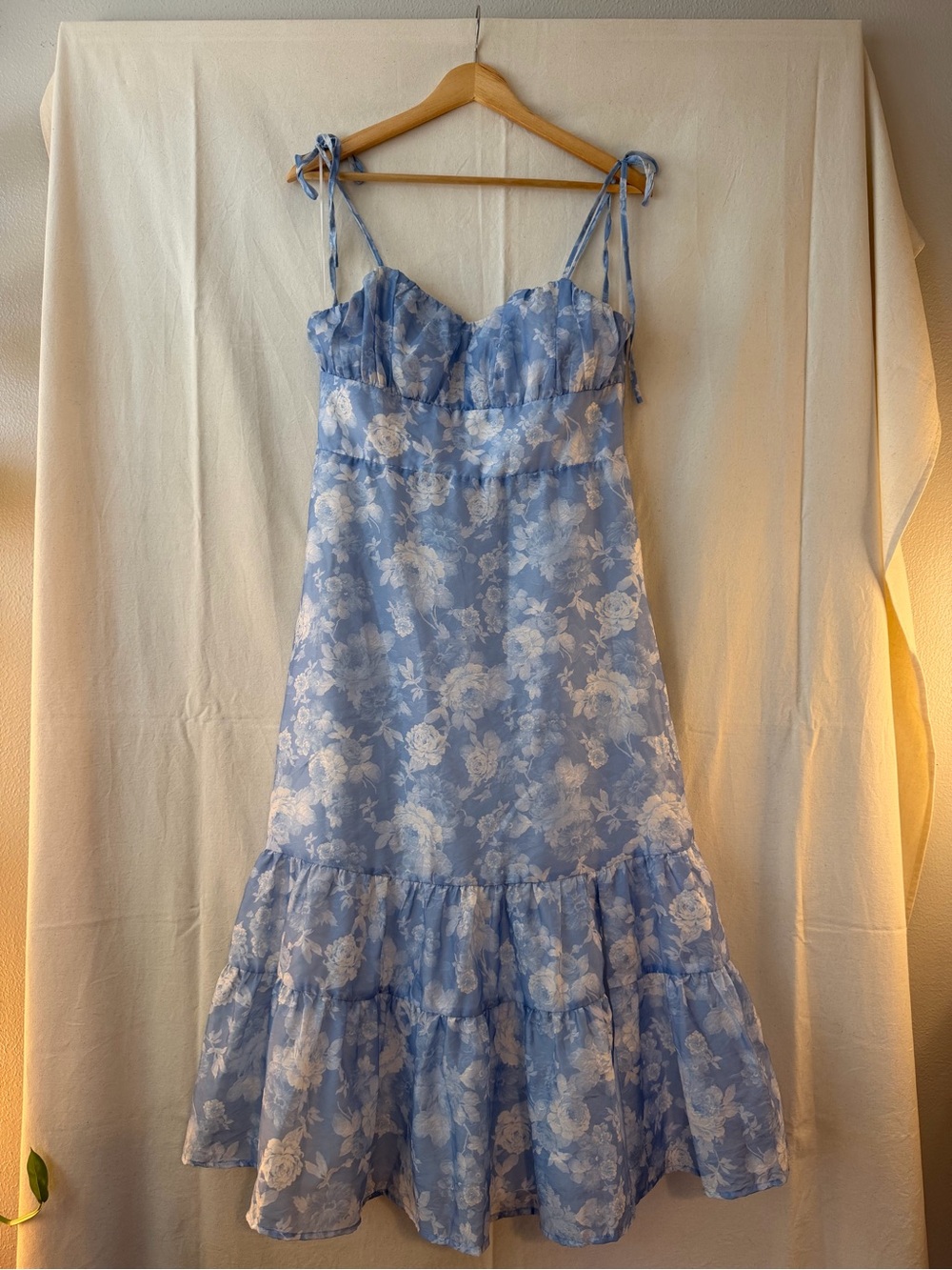 Altar'd State Blue and White Floral Tie-Shoulder Midi Dress
